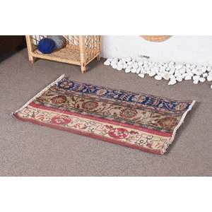 Alfombra de retazos de lana azul y marrón tradicional vintage de 2x3,2 pies con respaldo de látex - Product Image 3