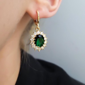 Boucles d'oreilles pendantes en forme de larme vert émeraude, argent sterling 925 plaqué or 14 carats, style vintage victorien, pour anniversaire ou fête - Product Image 2