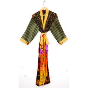 Artisanal Indian Silk Robe <b>Women</b> Patchwork V-Neck <b>Kimono</b> Style Elegant Recycled Fabric Breathable Quick Dry Drawstring Closure - Product Image 4