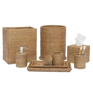 Hot Selling Rattan Wicker Bathroom Accessories Set with Toilet Tissue Stand, Waste Basket, And Tissue Box Cover made in Vietnam