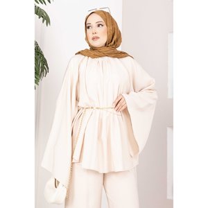 Stylish Casual Trendy <b>Chain</b> <b>Belt</b> Tunic and Pants Set in Beige Collarless Crepe Fabric Available in XXS XS XXL XL 2XL Sizes - Product Image 2