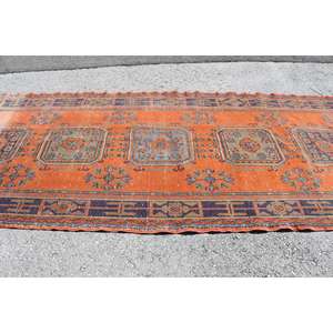 Grand tapis turc vintage 4,7x11,7 pieds, tapis en laine à motifs floraux orange et bleu - Product Image 3