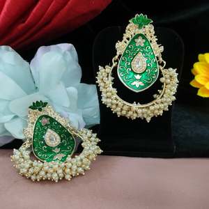 Delicate Elegant <b>Dangle</b> <b>Earrings</b> Hand Painted Chandbalis with <b>Pearls</b> Unique Artistic Soft Graceful Touch Fashion Accessory - Product Image 2