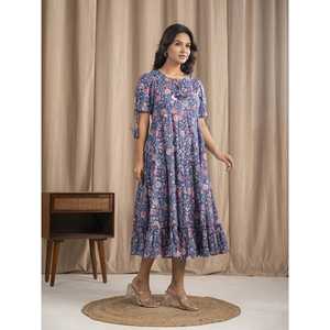 Vestido Boho de Algodón Mulmul Azul, Estampado a Mano, Cintura Imperio, Transpirable y Elegante - Product Image 5