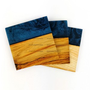 Indian Handmade Wood Resin Square Shape Brown <b>Blue</b> Color <b>Coasters</b> Set Modern Non-Slip Eco-Friendly Customizable for Office Party - Product Image 1