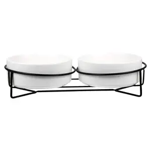 White Enamel two Custom Feeding Cup Food Storage Metal storage Bowls For Pets With Stand Floor Display Dog bowl On Sale