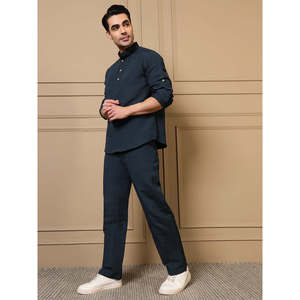 Navy Blue Cotton Kurta With Pant <b>Men</b> Co-ord Set - Product Image 3
