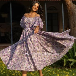 Indian Hand Block Cotton <b>Dress</b> Stylish Floral Printed <b>Casual</b> <b>Dresses</b> for Summer Wear Travel <b>Casual</b> Bridal Gift Boho Style Sale - Product Image 1