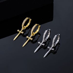 Vente chaude 925 Sterling Silver 14k Gold Iced Sword Dangle Boucle d'oreille pour hommes Boucles d'oreilles Hip Hop - Product Image 5