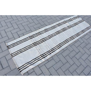 Alfombra de lana turca Vintage patrón a rayas Beige negro clásico área grande rectángulo pasillo Patchwork diseño 2,3X7,1 pies 4m látex - Product Image 2