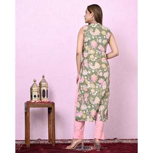 Vestido verde de mujer con cuello redondo, estilo kurta, transpirable, elegante, informal, para oficina, tallas XS a XL, largo hasta el suelo/hasta la rodilla - Product Image 3