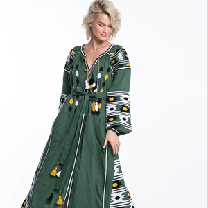 Vestido de color verde con bordado de flores ucranianas mangas largas abullonadas para mujer verano mejor calidad todos los tiempos y mejor diseño - Product Image 1