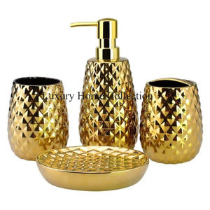 Ensemble de salle de bain poli brillant couleur or avec distributeur de savon liquide Porte-brosse à dents Porte-serviettes Double plateau Utilisation de la vanité - Product Image 2