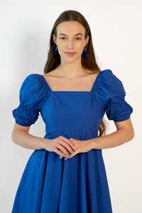 2025 precio más bajo Boho mujer Casual cuello cuadrado señoras Maxi vestido 100% algodón Midi-longitud azul natural mujeres vestido - Product Image 3