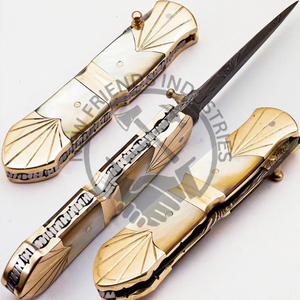 มีดพับพกพาพับได้ทำจากเหล็กดามัสกัสแบบพรีเมี่ยมด้ามจับไข่มุกหมอนข้างทองเหลืองสำหรับการผจญภัยกลางแจ้งตั้งแคมป์ - Product Image 3