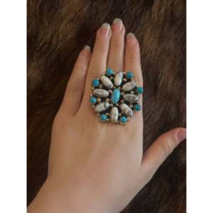 Navajo-Handmade Trendy Sterling Silver Multi-Stone <b>Adjustable</b> Cluster <b>Ring</b> Turquoise Bezel One Size Fits All Perfect Gift - Product Image 2