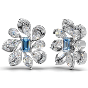 Boucles d'oreilles florales de luxe en or 18 carats avec diamants bleus de laboratoire et accents de diamants blancs, bijoux fins - Product Image 1