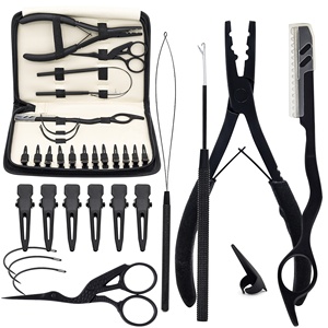 Kit d'outils pour extensions de cheveux en acier inoxydable noir mat, 3 trous, pinces à cheveux de séparation, crochet de traction, durable et réutilisable - Product Image 1