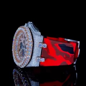 Customized Luxury Analog Display Watch High Quality Two Tone Iced Moissanite Diamond Red Rubber Hip Hop Style 22mm Band <b>Glass</b> - Product Image 4