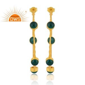 Best Selling <b>Sterling</b> <b>Silver</b> 18K Gold Plated Natural Green Onyx Gemstone <b>Hoop</b> <b>Earring</b> Demi Fine Jewelry Manufacturer - Product Image 2