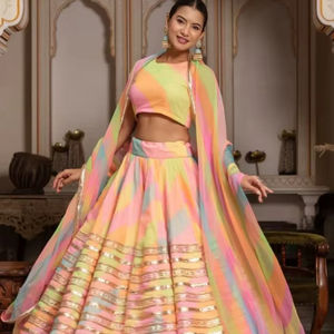 GULABI GALIYAN RADHA MULTICOLOR SLEEK FIT SILEK LEHERIYA GEORGETTE MODERN STYLE <b>LEHNGA</b> CHOLI for WEDDING & DIWALI - Product Image 1