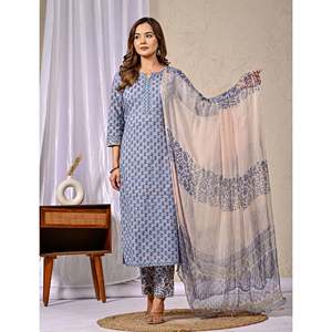 Grey Cotton Kurta Pant Set with Butti Block Printed Ethnic <b>Bandanas</b> - Product Image 4