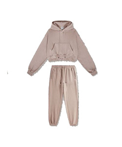 Conjunto de 2 piezas de felpa gruesa pesada, sudaderas con capucha y pantalones de Color sólido, traje de niña, sudaderas con capucha Sexy recortadas, traje con capucha de impresión personalizada - Product Image 1