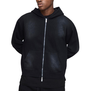 Sudadera con Capucha y Cremallera de Latón Resistente, de Alta Calidad, 100% Algodón, Invierno, Manga Larga, Color Negro Sólido, Lavado Ácido - Product Image 1
