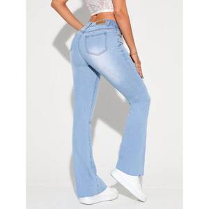 Vaqueros de mezclilla lavados azul hielo para mujer, corte de bota, ajustados, casuales, de tiro alto, acampanados, elásticos, estilo urbano, tallas 26 a 40 - Product Image 2