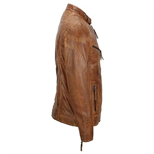 Vestes en cuir d'agneau décontractées pour hommes 100% cuir véritable Col montant Distressed Tan Coupe-vent Respirant Vêtements d'extérieur d'hiver - Product Image 3