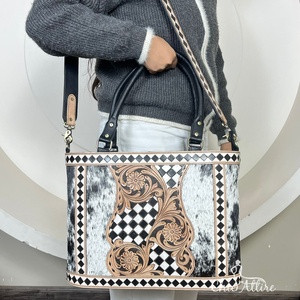 Sac fourre-tout en cuir à fleurs et à carreaux, fait main, de luxe, en cuir de vache véritable, sac bandoulière bohème, sac à bandoulière tendance pour femmes - Product Image 1