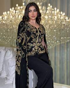 2025 @ Veste noire algérienne traditionnelle-Robe Karakou avec manches longues perles de verre ornées de perles Dabka travail sur tissu de velours - Product Image 1