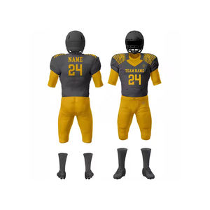 Uniforme de football américain personnalisé OEM ODM pour hommes 100% tissu en maille imprimé par transfert de chaleur à manches courtes disponible couleur gris/jaune - Product Image 1