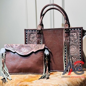 Top Sale Hand Tooled Leather Brown Floral Large Tote <b>Bag</b> & Hand Tooled Embossed Leather Fringe Envelope <b>Bag</b> Combo <b>Sets</b> for Women - Product Image 1