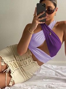 Haut court côtelé côtelé respirant pour femmes longueur courte froncé à lacets haut bandana Cami avec débardeur imprimé croisé - Product Image 3