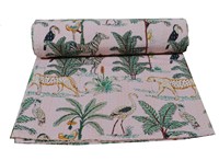 Selimut Quilt Kantha cetak Safari hutan blok tangan India lempar/ratu/King Kantha, seprai katun, selimut penutup tempat tidur Kantha Queen