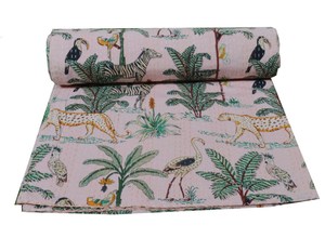 Indian Hand Block Jungle Safari Print Kantha Quilt Twin/Queen/King Kantha <b>Throw</b>, Bedspread Cotton, Kantha <b>Bed</b> Cover Quilt Queen - Product Image 3