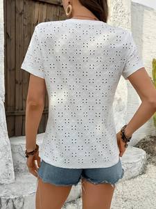 Camiseta de manga corta con cuello redondo de Jacquard de punto de color sólido para mujer, mezcla de poliéster y Spandex, longitud regular, para Primavera/Verano - Product Image 2