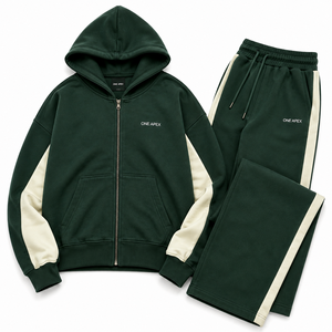ชุดวอร์มพรีเมียมสีเขียวป่า พร้อมฮู้ดแบบซิปเต็มตัว กางเกงจ็อกเกอร์ปลายเปิด ทรงโอเวอร์ไซส์ สตรีทแวร์ รับผลิตตามแบบ OEM ODM ขายส่ง - Product Image 4