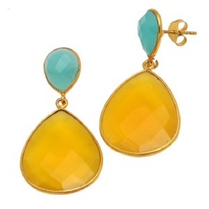 Boucles d'oreilles pendantes en argent sterling 925 plaqué or, style classique tendance, avec pierre précieuse en calcédoine jaune aqua naturelle pour les fêtes - Product Image 1