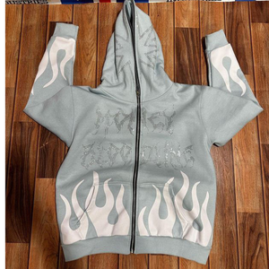 Nouveau fabricant Logo personnalisé en détresse broderie soleil délavé Vintage Hoddie ensemble coton pleine fermeture éclair acide lavé strass à capuche - Product Image 1