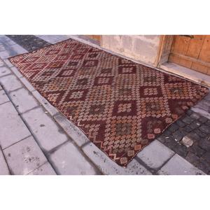 Alfombra Kilim turca Vintage 5,5X11,7 pies marrón rojo tejido plano lana yute alfombra látex rectángulo Patchwork para decoración de habitación de pasillo - Product Image 3