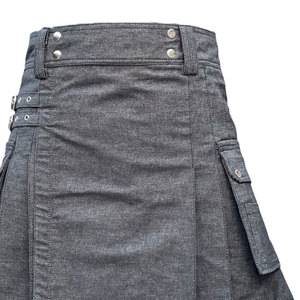 Kilt utilitaire en denim gris pour homme, style écossais, devant uni, poches cargo, kilt en gros 2026 - Product Image 4
