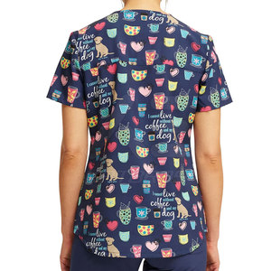 KATBROS INDUSTRY Women 100% Cotton Coffee Dog Print <b>Scrub</b> <b>Tops</b> V-Neck Short Sleeve Medical Uniforms - Product Image 3