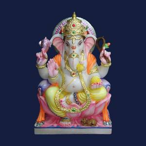 N ° 1 qualité marbre indien coloré marbre blanc Ganesha Statue pour le culte indien fabriqué à la main assis Ganpati Bappa Statue - Product Image 2