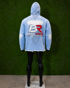 Sudadera con Capucha Oversize de Mezclilla Lavado Claro para Hombre, con Bajo Deshilachado y Bolsillo en el Pecho, Estilo Casual Urbano - Product Image 4