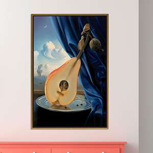 Surreal Pear Lute Canvas Print: Whimsical Fruit-Instrument Still Life,GOLD FRAMED CANVAS - Product Image 1