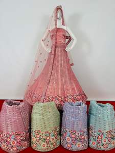 Vestido Sari de boda para adultos de estilo paquistaní indio Multi-Resham Secuencia de trabajo Red flor bordada Lehenga Choli Dupatta Net - Product Image 2