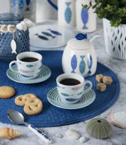 Juego de 6 tazas de café expreso de porcelana duradera con platillos de 9 cl (3 oz) North Sea de Excelsa, diseño animal azul, temática marina - Product Image 3