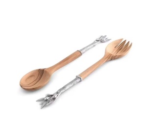 Ensemble d'ustensiles cuillère et fourchette à salade avec manche en métal en bois d'acacia naturel personnalisé - Product Image 1